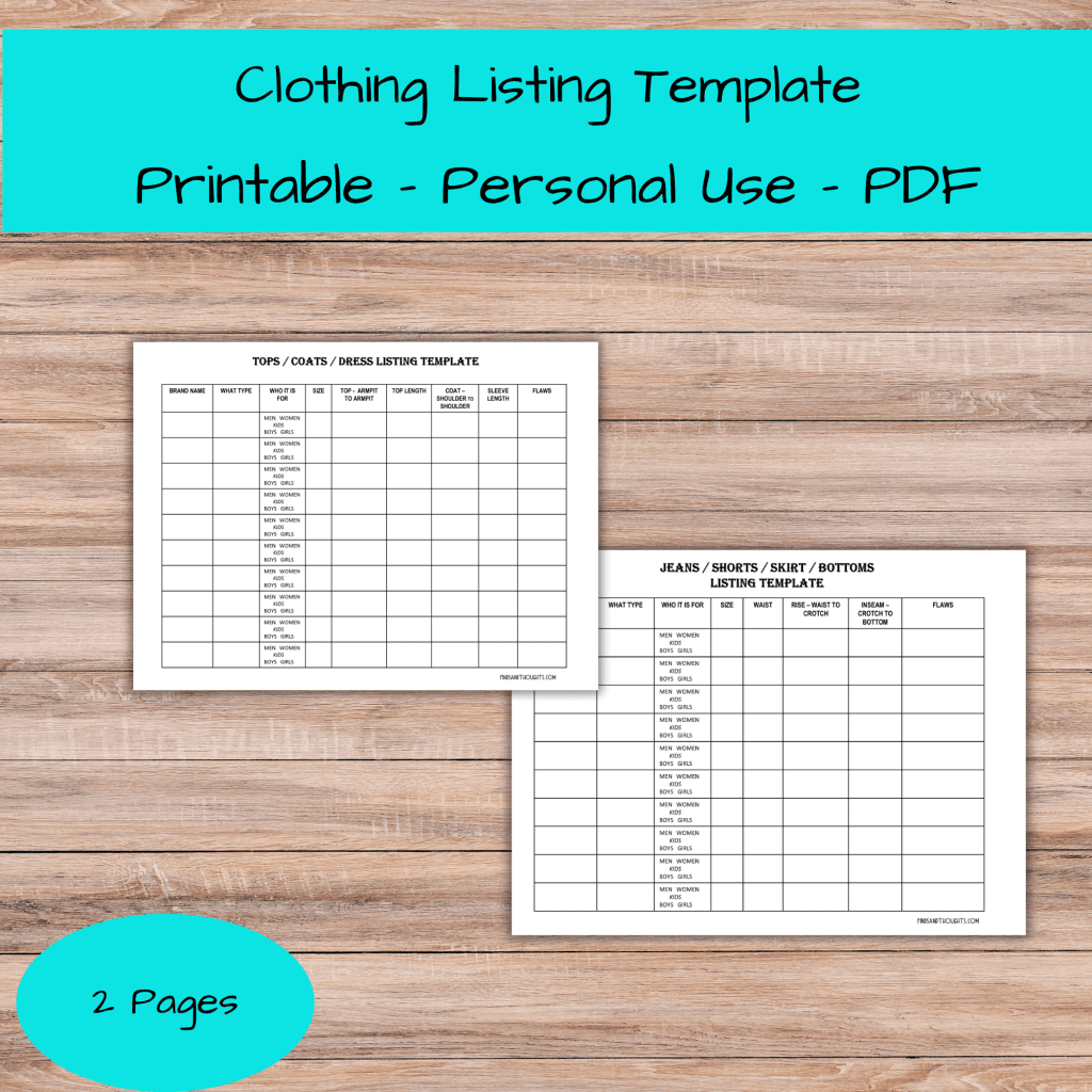 My eBay Finds for June 2022 Clothing Listing Template pdf on wood background