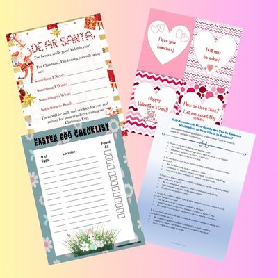 4 Freebies - santa letter, valentine's day cards, easter egg checklist, self assessment
