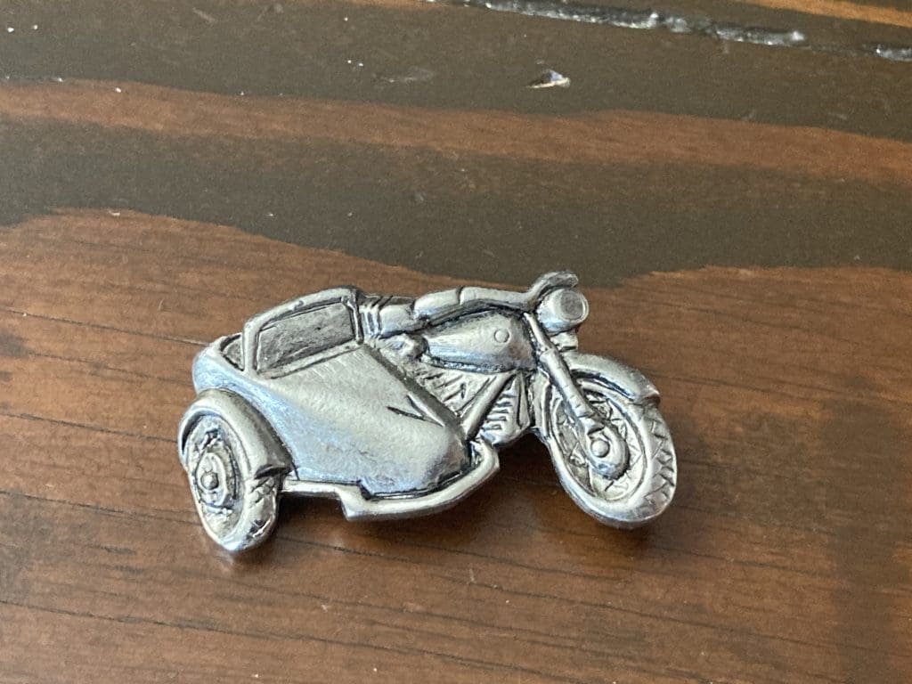 Silver toned Motorcycle with side Car pin