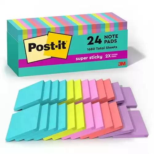 Post-it Super Sticky Notes, 76.2 mm x 76.2 mm, 24 Pads, 2x the Sticking Power, Supernova Neons, Bright Colors, Recyclable