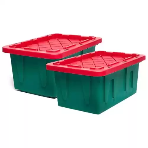 HOMZ Durabilt 15-Gallon Storage Tote with Flip Lid, Heavy Duty Storage Bin with Snap-on Lid, Green and Red, 2 Pack