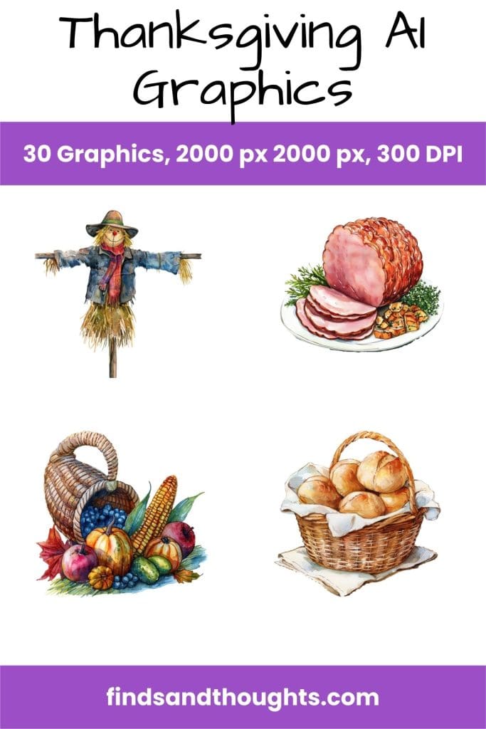 Thanksgiving AI Graphics Main - scarecrow, ham, cornucopia, rolls