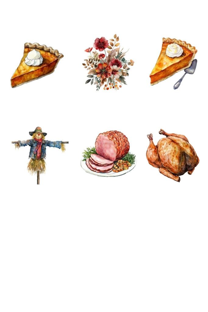 Thanksgiving AI Graphics - pumpkin pie, flowers, scarecrow, ham, turkey