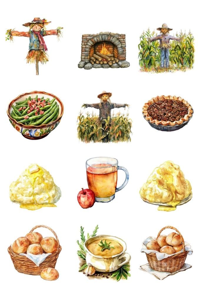 Thanksgiving AI Graphics - mashed potatoes, rolls, gravy, scarecrow, green beans, fireplace, pecan pie