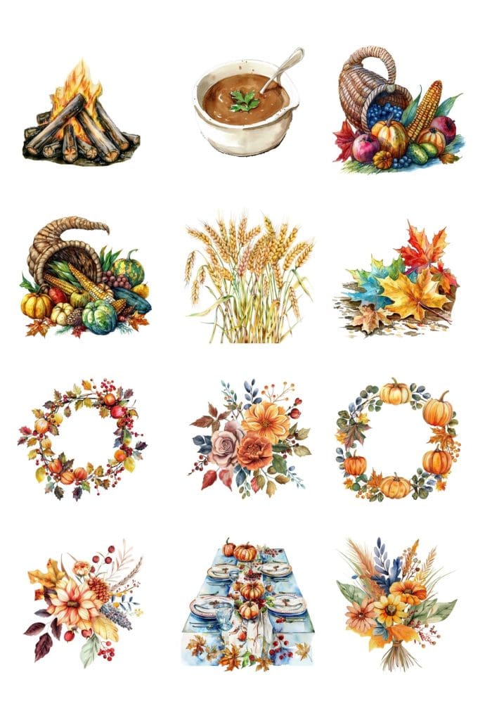 Thanksgiving AI Graphics - wood fire burning, gravy, cornucopia, wheat, leaves, wreath, dining table