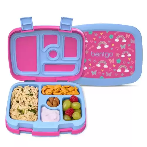 Bentgo Kids Prints Leak-Proof, 5-Compartment Bento-Style Kids Lunch Box - Ideal Portion Sizes for Ages 3-7, Durable, Drop-Proof, Dishwasher Safe, & Made w/BPA-Free Materials (Rainbows & Butter...