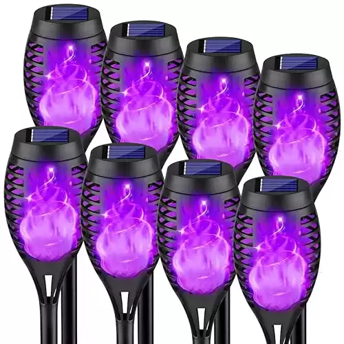 8Pack Halloween Decorations Outdoor, Halloween Solar Lights with Purple Flame for Halloween Decor, Waterproof Halloween Lights Outdoor, Solar Pathway Lights for Lawn Outside Halloween Yard Decorations