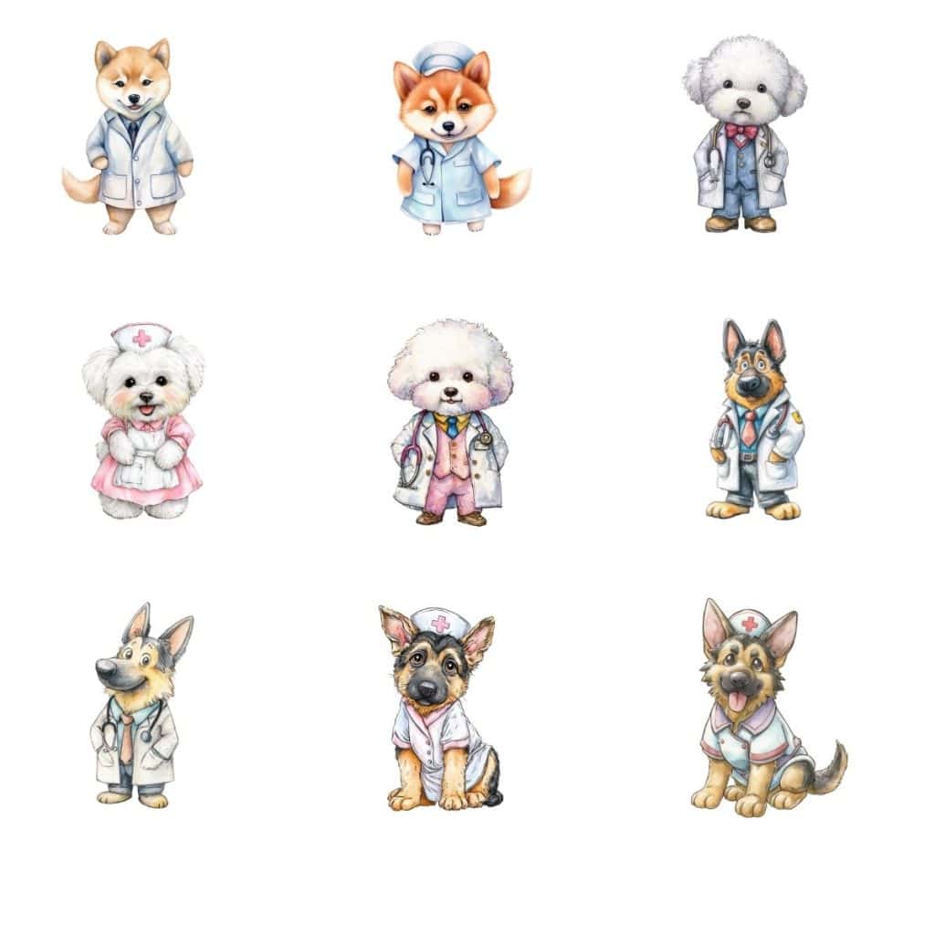 Cute dogs designed with AI dressed in Nurse outfits